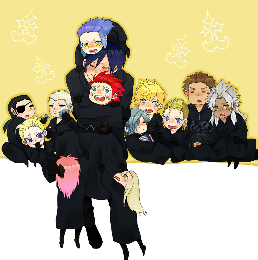 6+boys axel_(kingdom_hearts) beard black_coat_(kingdom_hearts) black_hair blonde_hair blue_eyes blue_hair cloak demyx eyepatch facial_hair green_eyes highres hug kingdom_hearts kingdom_hearts_358/2_days kuugo larxene lexaeus luxord marluxia multiple_boys multiple_girls organization_xiii pink_hair red_hair roxas saix scar spiked_hair stubble tears vexen white_hair xaldin xemnas xigbar xion_(kingdom_hearts) yellow_eyes zexion