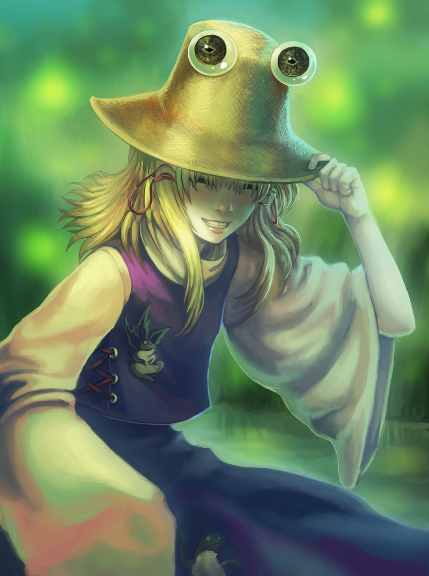 =_= absurdres blonde_hair clenched_teeth closed_eyes drawfag dress frog grin hair_over_eyes hair_ribbon hand_on_headwear hands hat highres holding lips looking_at_viewer moriya_suwako pyonta realistic ribbon smile solo teeth touhou