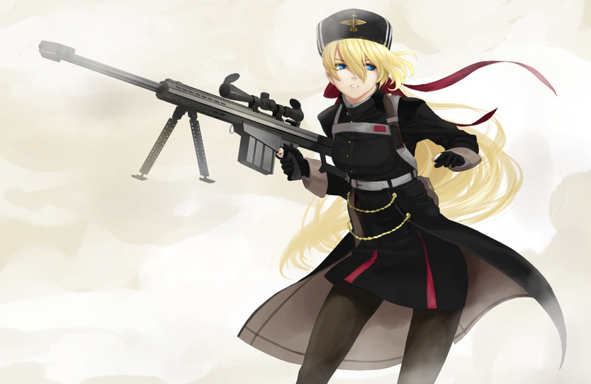 anti-materiel_rifle bad_id bad_perspective bad_pixiv_id barrett barrett_m82 bipod blonde_hair blue_eyes bow fur_hat gloves gun hair_bow hat long_hair open_mouth original pantyhose rifle scope sniper_rifle solo tef ushanka weapon