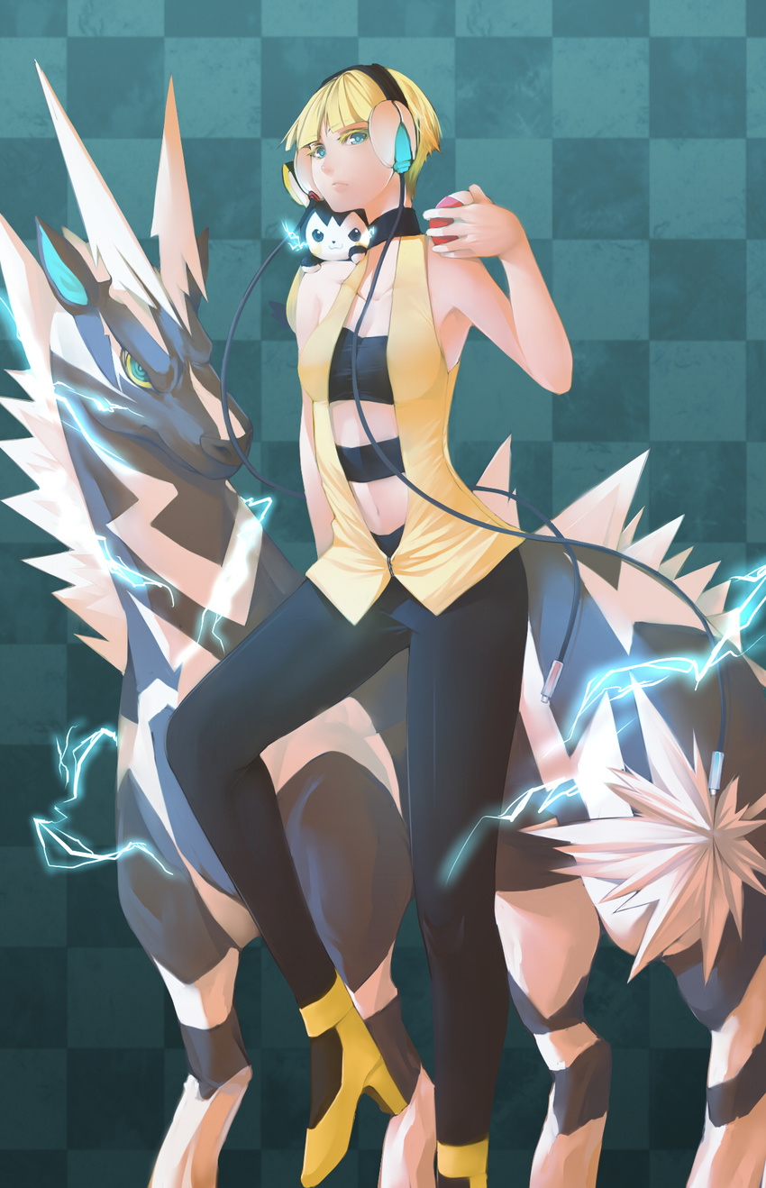 blonde_hair blue_eyes colored_eyelashes electricity emolga eyelashes gen_5_pokemon gym_leader headphones high_heels highres hitoto kamitsure_(pokemon) midriff navel pantyhose poke_ball pokemon pokemon_(creature) pokemon_(game) pokemon_bw shoes zebstrika