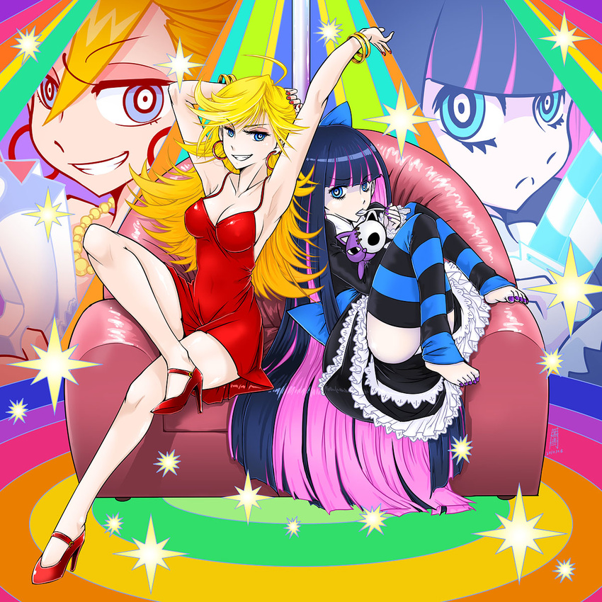 ahoge antaria barefoot black_hair blonde_hair blue_eyes bow bracelet breasts cat cleavage colorful couch dress earrings frown grin hair_bow high_heels highres jewelry legs long_hair medium_breasts multicolored_hair multiple_girls nail_polish neon panty_&amp;_stocking_with_garterbelt panty_(psg) pink_hair pole projected_inset purple_hair purple_nails rainbow red_dress red_nails shoes short_dress sitting smile spoon star stocking_(psg) strappy_heels striped striped_legwear thighhighs toeless_legwear toenail_polish two-tone_hair very_long_hair