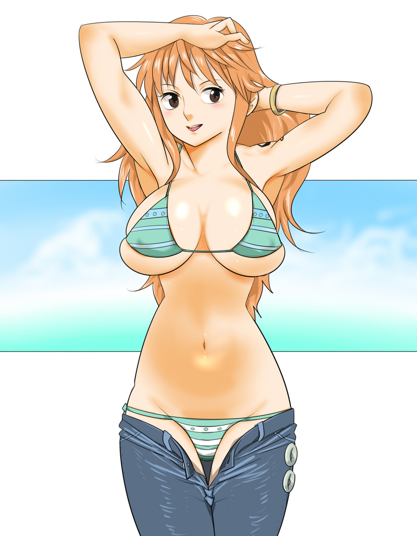 armpits bangle bikini bracelet breasts brown_eyes bursting_breasts denim highres jeans jewelry large_breasts long_hair nami_(one_piece) navel one_piece orange_hair panties pants s580 solo striped striped_panties swimsuit tattoo underwear unzipped