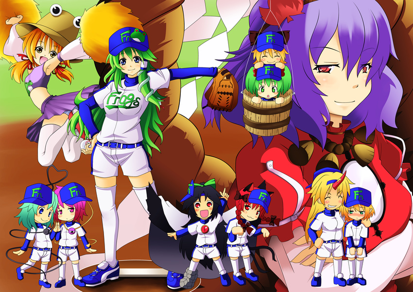 absurdres aodu_fumiyoshi armpits baseball baseball_cap baseball_mitt black_hair blonde_hair blue_eyes bow breasts cheerleader frog gloves green_eyes green_hair hair_bow hair_ornament hat highres horn hoshiguma_yuugi kaenbyou_rin kisume kochiya_sanae komeiji_koishi komeiji_satori kurodani_yamame long_hair medium_breasts mizuhashi_parsee moriya_suwako multiple_girls panties pantyshot purple_eyes purple_hair red_eyes red_hair reiuji_utsuho short_hair striped striped_panties subterranean_animism thighhighs touhou twintails underwear white_legwear yasaka_kanako yellow_eyes