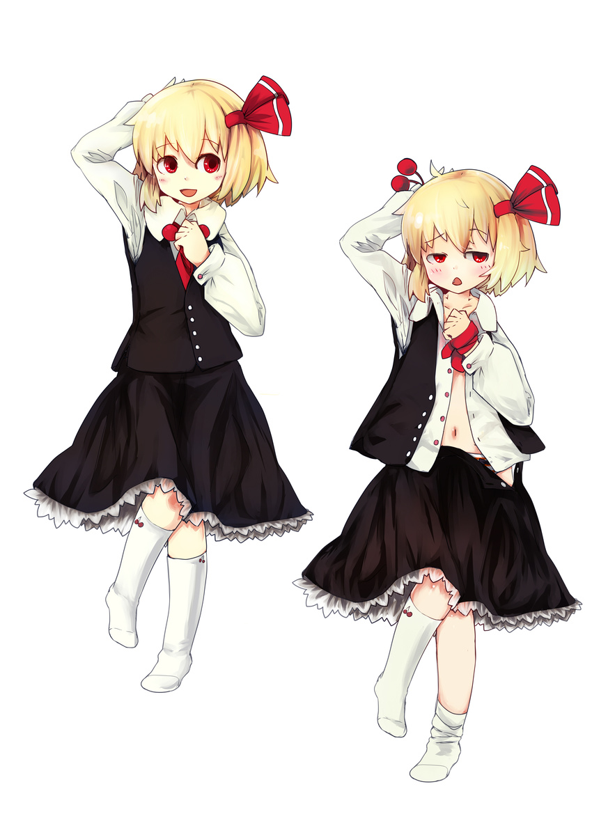 absurdres fang highres murani navel open_clothes open_shirt panties rumia shirt striped striped_panties touhou underwear undressing