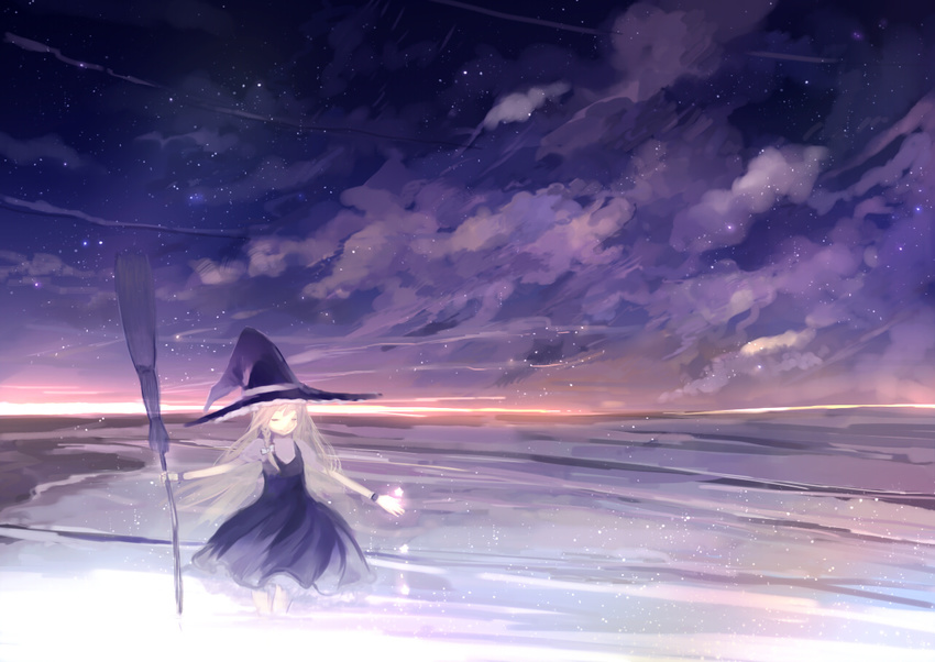 bad_id bad_pixiv_id blonde_hair braid broom closed_eyes glowing hat kirisame_marisa magic night ocean scenery sky smile solo star_(sky) starry_sky touhou twilight ume_(plumblossom) witch_hat