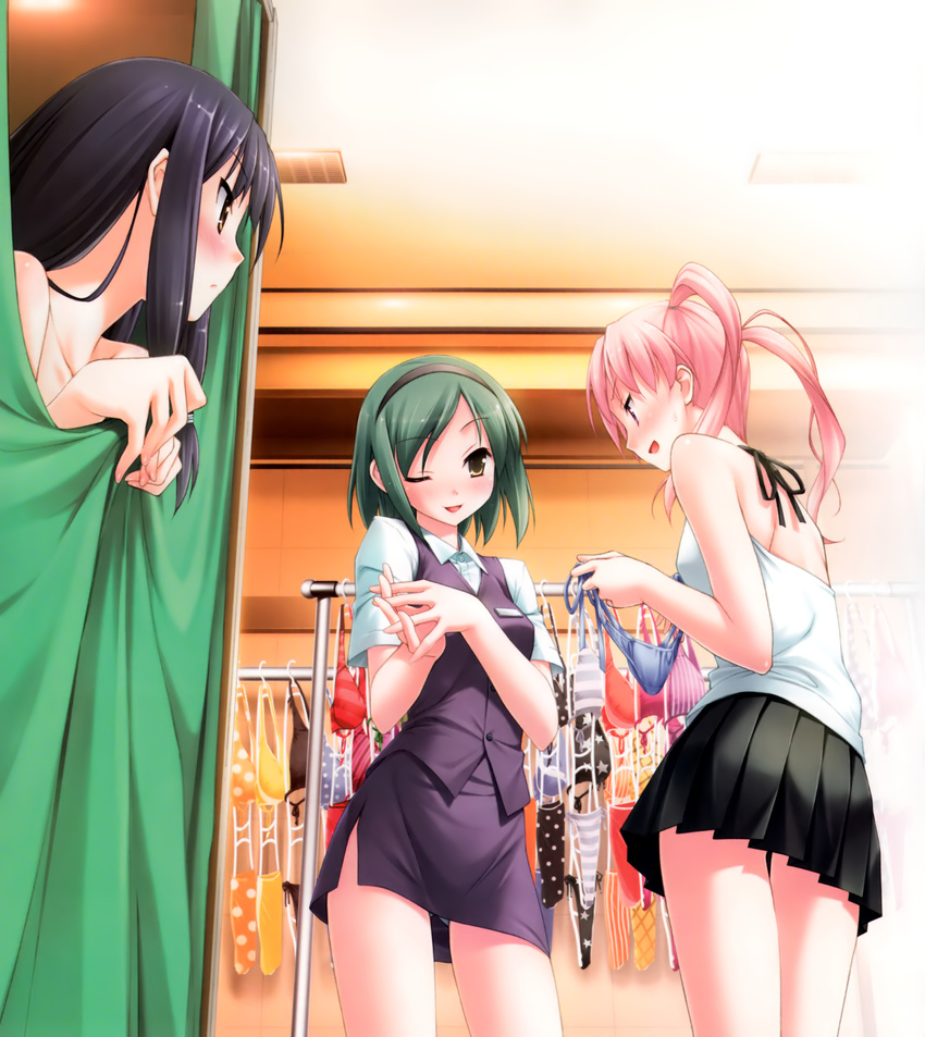 absurdres bare_shoulders bikini bikini_bottom casual curtain_grab curtains fitting_room green_hair hairband hands_clasped highres kantoku katsuragi_chie multiple_girls name_tag natsu_no_ame nishimura_kana one_eye_closed own_hands_together pencil_skirt pink_hair sakurai_tomomi shop shopping side-tie_bikini skirt store_clerk swimsuit twintails vest