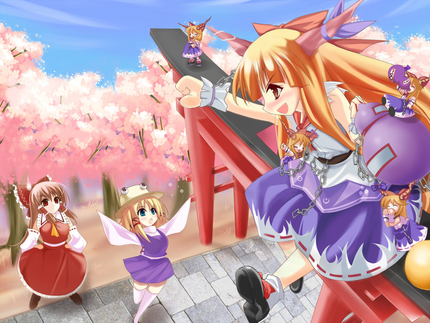 blonde_hair blue_eyes blush bow brown_eyes brown_hair chain cherry_blossoms detached_sleeves fang from_above gourd hair_bow hair_ornament hair_ribbon hakurei_reimu hands_on_hips hat highres horn_ribbon horns ibuki_suika long_hair marionette_(excle) minigirl moriya_suwako multiple_girls open_mouth outstretched_arm outstretched_arms plant red_eyes ribbon shoes sitting sleeves_past_wrists smile socks spread_arms sweatdrop thighhighs torii touhou tree white_legwear zettai_ryouiki