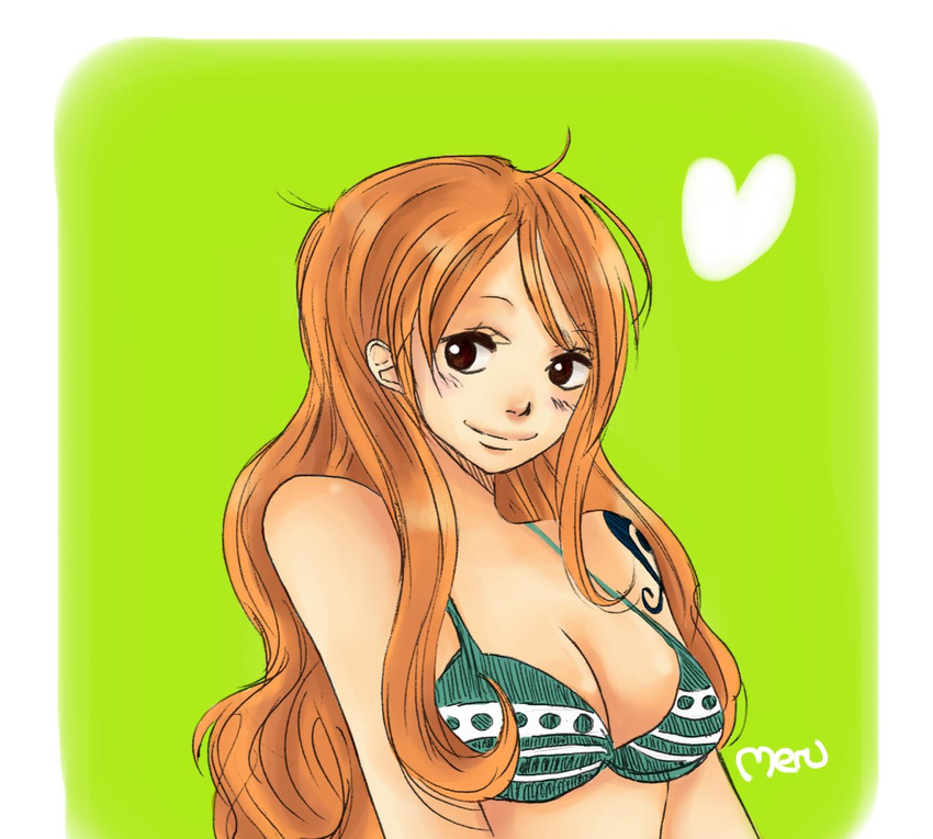 breasts brown_eyes cleavage highres large_breasts long_hair nami_(one_piece) one_piece orange_hair solo tattoo wavy_hair