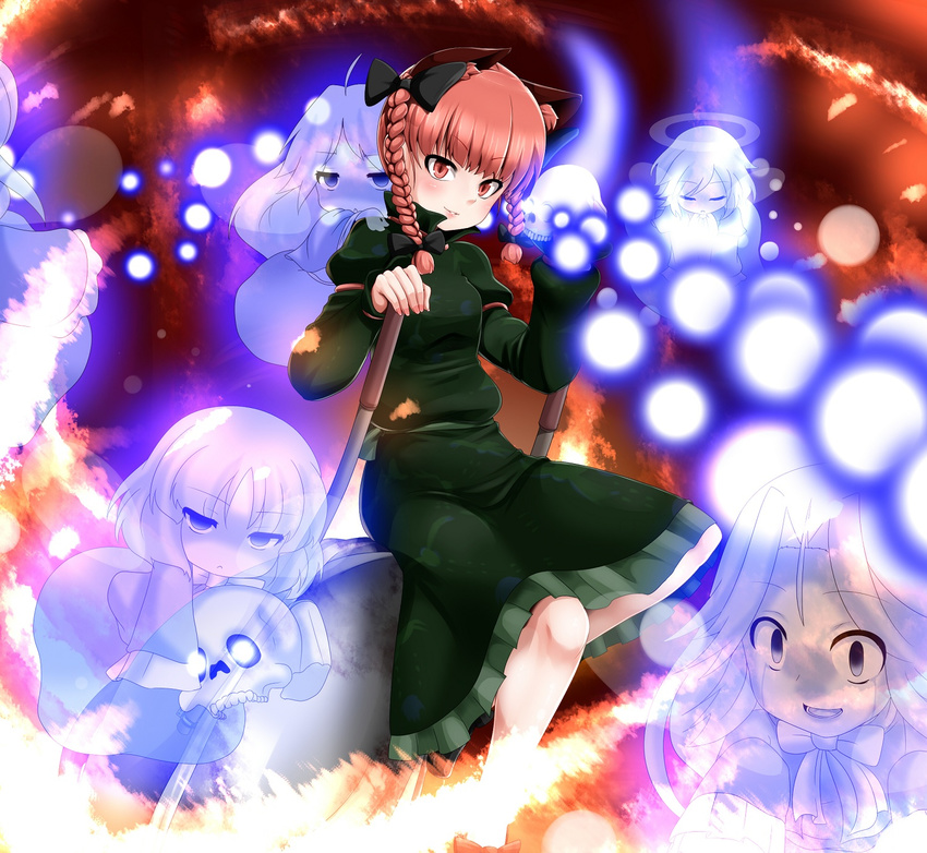 animal_ears braid cat_ears danmaku empty_eyes ghost glowing glowing_eyes halo highres kaenbyou_rin miki_purasu multiple_girls red_eyes ribbon skull tears touhou twin_braids wheelbarrow zombie_fairy