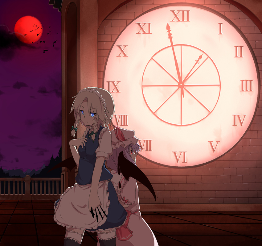 analog_clock back-to-back bat_wings blue_eyes braid clock clock_tower full_moon garter_straps garters hat izayoi_sakuya katanakko_daisuki knife lavender_hair maid maid_headdress moon multiple_girls red_eyes red_moon remilia_scarlet roman_numerals short_hair silver_hair thighhighs touhou tower twin_braids wings zettai_ryouiki