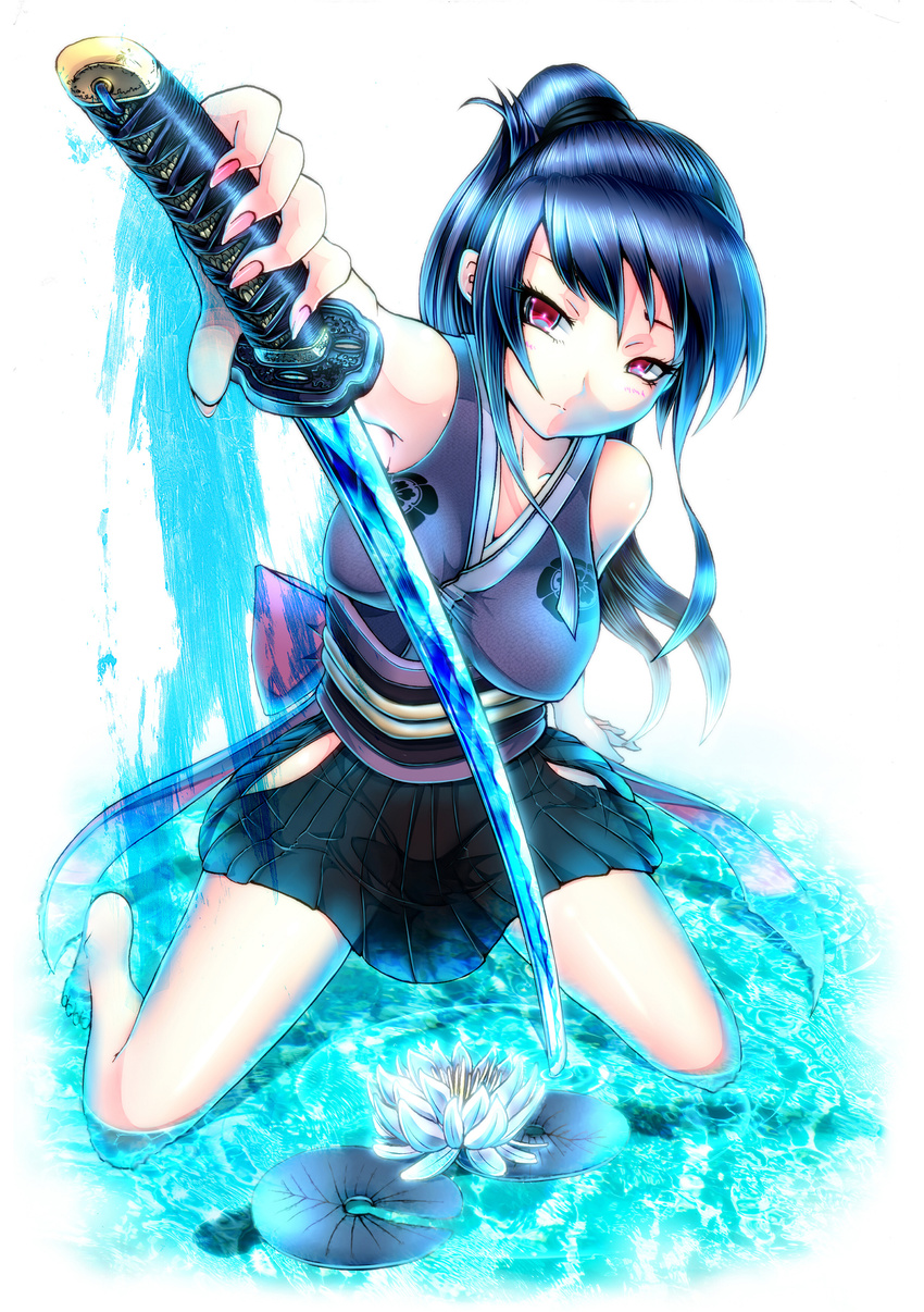 absurdres bad_id bad_pixiv_id barefoot blue blue_hair bow breasts flower foreshortening highres large_breasts lily_pad long_hair nail_polish ogata_sai original pink_nails ponytail red_eyes shirt sitting skirt solo sword taut_clothes taut_shirt wariza water weapon