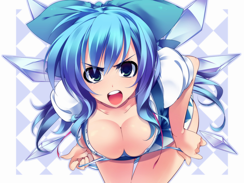 alternate_hairstyle angry aqua_eyes bent_over blue_hair blue_panties bow breasts checkered cirno cleavage curvy downblouse dragonmaterial duplicate frown hair_bow highres large_breasts leaning_forward long_hair non-web_source older open_clothes open_mouth open_shirt panties panty_pull shirt simple_background solo standing striped striped_panties teeth thigh_gap touhou underwear undressing wallpaper wide_hips wings