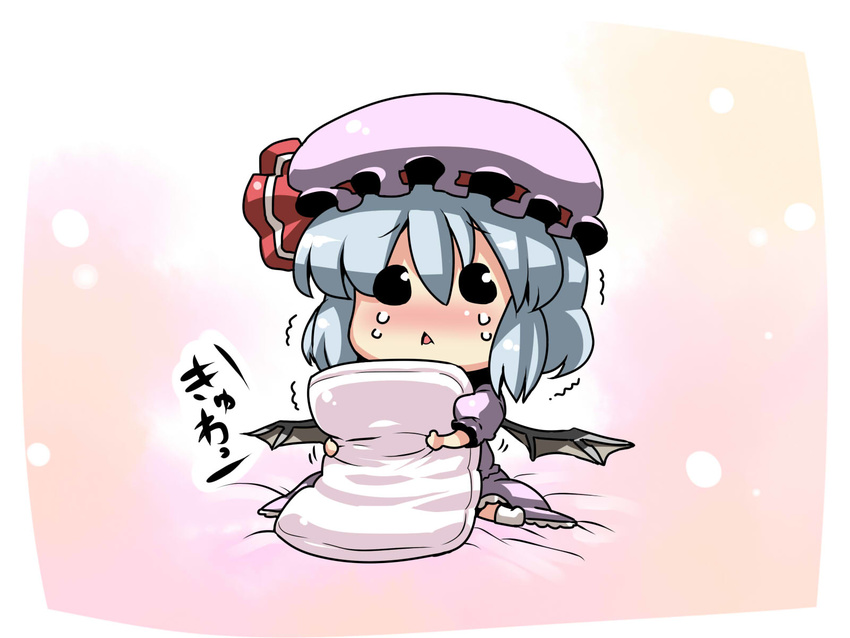 :&lt; bat_wings blue_hair blush chibi hat highres pillow pillow_hug remilia_scarlet short_hair solo tears touhou tsuki_wani wings