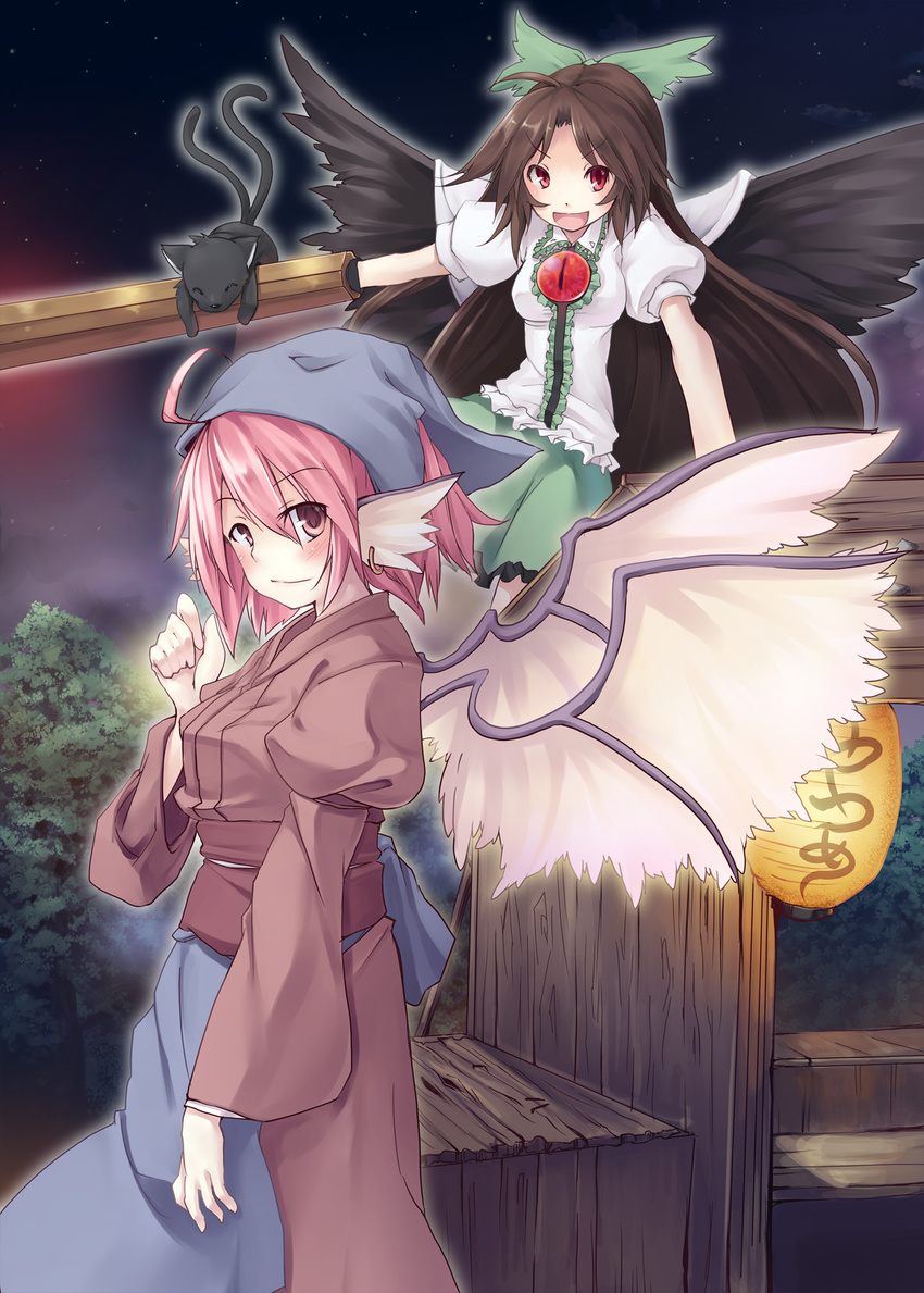 amagase_lyle animal_ears arm_cannon brown_hair cape highres japanese_clothes kaenbyou_rin kaenbyou_rin_(cat) long_hair multiple_girls mystia_lorelei okamisty pink_hair red_eyes reiuji_utsuho short_hair sky star_(sky) starry_sky third_eye touhou weapon wings