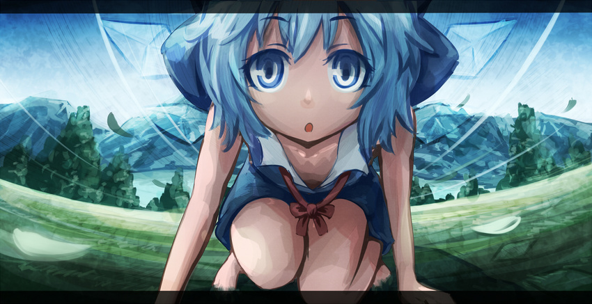 :o all_fours blue_eyes blue_hair bow cirno forest hair_bow letterboxed looking_at_viewer nature neck_ribbon ribbon same_2009 scenery short_hair solo squatting touhou wings