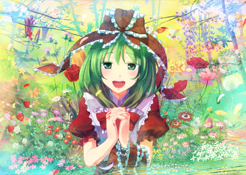 anemone_(flower) bow branch cherry_blossoms clover clover_(flower) daffodil daisy dandelion flower food front_ponytail fruit green_eyes green_hair hair_bow hair_ornament hair_ribbon hands_clasped happy highres interlocked_fingers kagiyama_hina long_hair looking_at_viewer magnolia nail_art nail_polish nature own_hands_together poppy_(flower) red_nails ribbon shepherd's-purse short_hair solo strawberry takuzui touhou tulip violet_(flower) wisteria