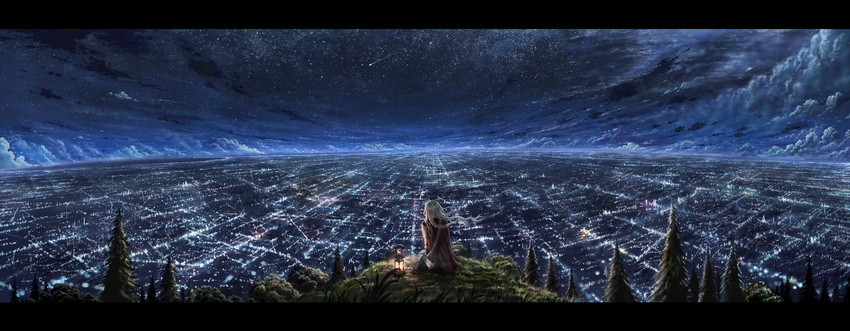 blonde_hair borrowed_character braid cape city city_lights cityscape cloud cola_(gotouryouta) commentary_request from_behind grass highres horizon lamp landscape lantern letterboxed lights long_hair long_image night night_sky original scenery shooting_star sitting sky solo star_(sky) starry_sky tree twin_braids wallpaper wide_image