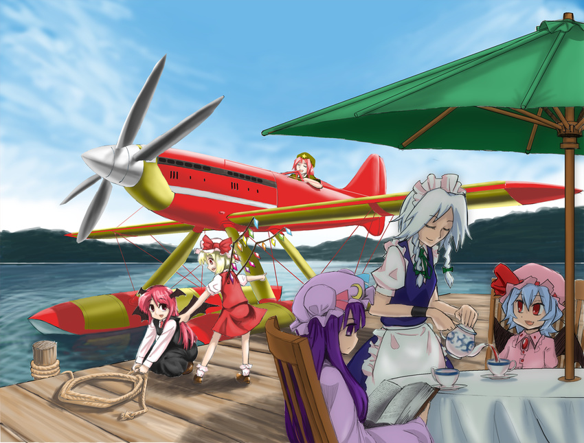 aircraft airplane bat_wings beret blonde_hair blue_hair book bow canopy chanko closed_eyes crescent_moon cup dock flandre_scarlet hat hat_ribbon head_wings hong_meiling izayoi_sakuya koakuma long_hair macchi_mc72 maid maid_headdress moon multiple_girls patchouli_knowledge pink_eyes pink_hair purple_eyes purple_hair red_hair remilia_scarlet ribbon rope seaplane short_hair side_ponytail sky sleeping star tea teacup teapot touhou water wings