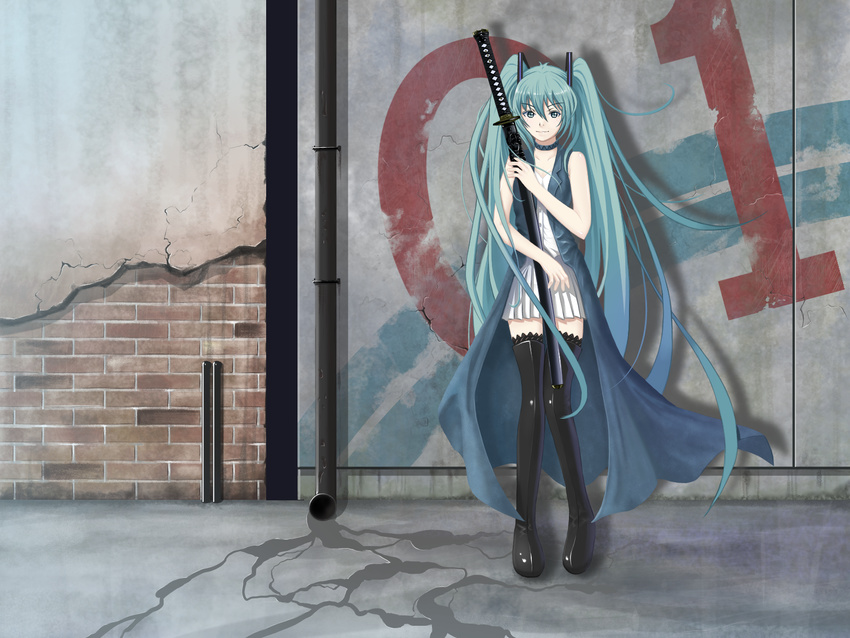 aqua_eyes aqua_hair bad_id bad_pixiv_id boots brick collar dress hatsune_miku highres katana long_hair solo sword thigh_boots thighhighs twintails very_long_hair vocaloid wall weapon yuragi_(amriel)