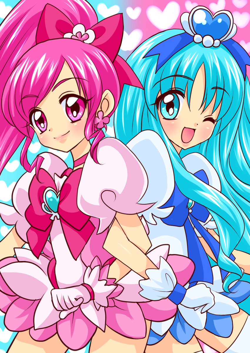 absurdres blue_eyes blue_hair blue_skirt bow choker cure_blossom cure_marine hair_ornament hanasaki_tsubomi heartcatch_precure! highres kurumi_erika long_hair magical_girl multiple_girls one_eye_closed pink_bow pink_choker pink_eyes pink_hair ponytail precure shoko-tan skirt smile