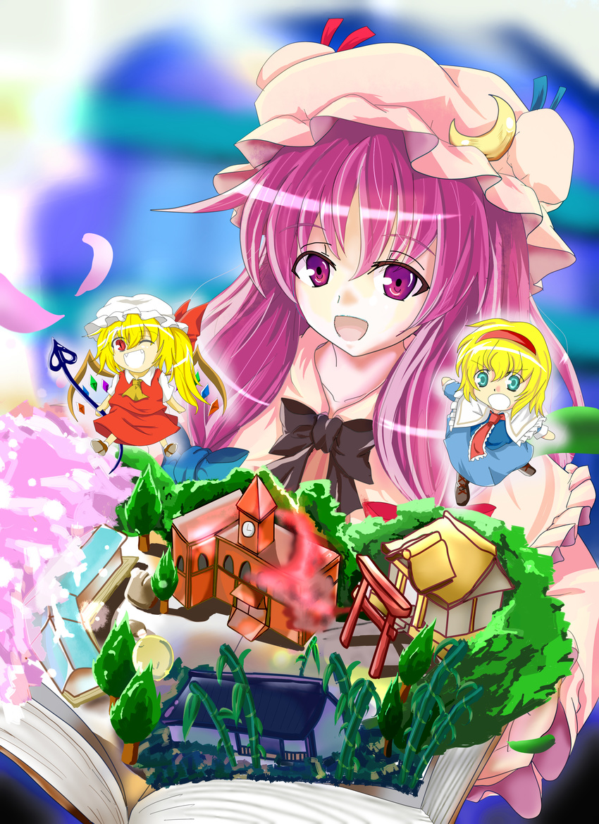 absurdres alice_margatroid analog_clock bad_id bad_pixiv_id bamboo blonde_hair blue_eyes book capelet clock clock_tower crescent demon_wings dress fangs flandre_scarlet hairband hat highres mob_cap multiple_girls one_eye_closed open_mouth patchouli_knowledge purple_eyes purple_hair red_eyes scarlet_devil_mansion shrine smile tatsumi_(kandataiki) torii touhou tower tree wings