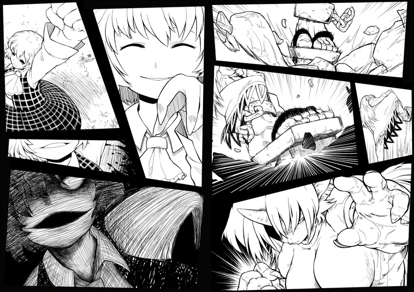 ascot bad_id bad_pixiv_id clenched_hand closed_eyes comic cuffs fighting_stance fingernails geta glaring greyscale hair_over_one_eye horn horror_(theme) hoshiguma_yuugi impossible_clothes impossible_shirt kazami_yuuka light_trail long_fingernails monochrome multiple_girls plaid plaid_skirt plaid_vest raised_fist shackles sharp_fingernails shirt silent_comic skirt skirt_set smile touhou ume_(noraneko) vest