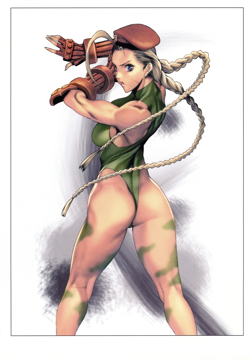 ass beret blonde_hair blue_eyes braid breasts cammy_white elbow_gloves fingerless_gloves from_behind gloves green_leotard hat highres homare_(fool's_art) kneepits large_breasts legs leotard long_hair looking_back open_mouth scar sideboob solo street_fighter thong_leotard twin_braids very_long_hair