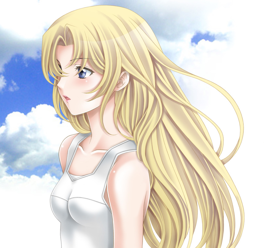 bad_id bad_pixiv_id blonde_hair blue_eyes cloud day highres long_hair metroid one-piece_swimsuit profile samus_aran school_swimsuit sky solo swimsuit tamamon white_school_swimsuit white_swimsuit wind younger