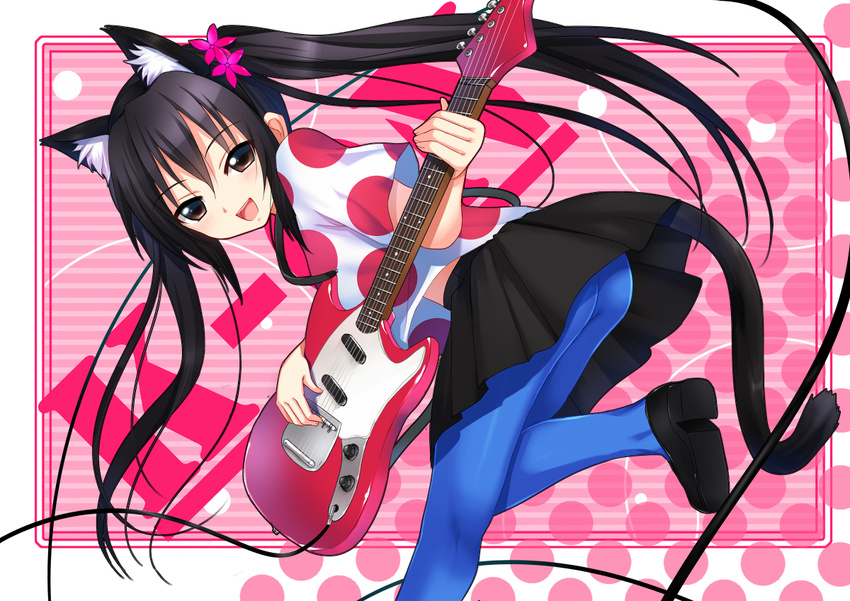 animal_ears ass bad_id bad_pixiv_id black_eyes black_hair blue_legwear cable cat_ears cat_tail flower guitar hair_flower hair_ornament instrument k-on! koi_(koisan) latex listen!! long_hair midriff nakano_azusa pantyhose polka_dot smile solo standing standing_on_one_leg tail twintails