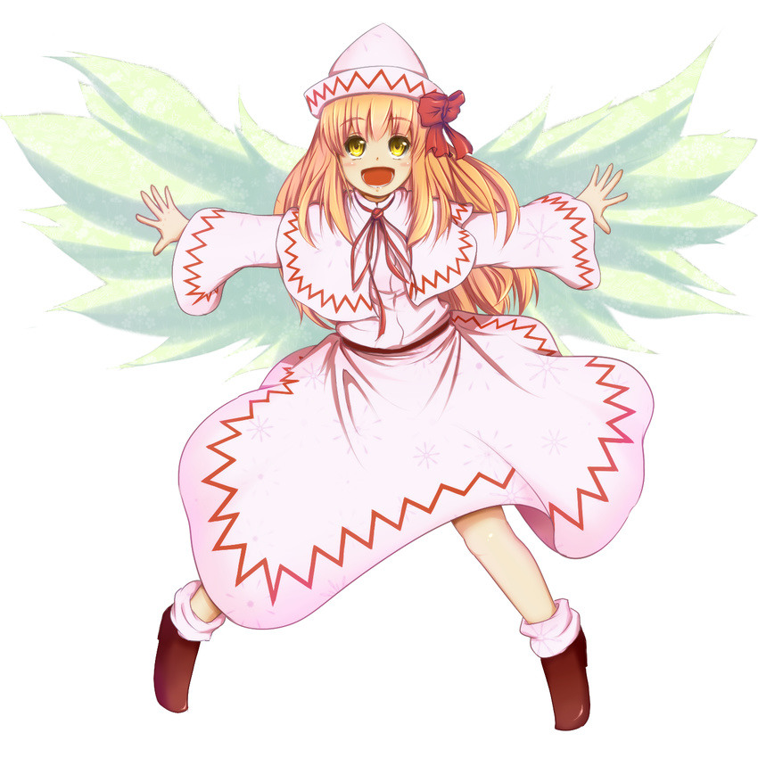 :d blonde_hair capelet fairy full_body hakuyou_no_isseki hat hat_ribbon highres lily_white long_hair open_mouth outstretched_arms ribbon smile solo spread_arms standing touhou transparent_background wings yellow_eyes