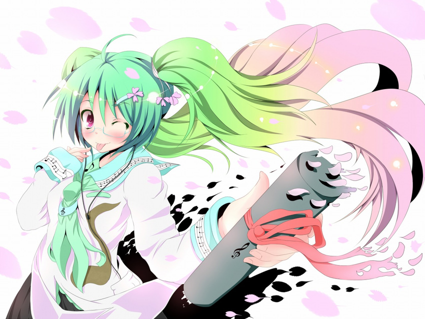 blush cherry_blossoms earbuds earphones glasses gradient_hair graduation green_hair hair_ornament hairclip hatsune_miku long_hair multicolored_hair musical_note one_eye_closed pink_eyes solo sukage tongue twintails very_long_hair vocaloid