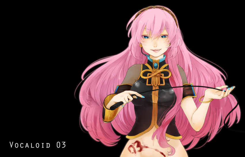 :p aqua_eyes bad_id bad_pixiv_id blood headphones headset highres long_hair maroyan megurine_luka navel pink_hair simple_background smile solo tongue tongue_out vocaloid whip