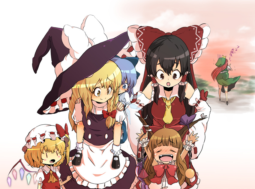 \o/ arms_up bad_id bad_pixiv_id bandaid blonde_hair blush blush_stickers bow carrying child cirno drooling fang flandre_scarlet hair_bow hakurei_reimu hat hong_meiling horns ibuki_suika kamiya_zuzu kirisame_marisa multiple_girls outstretched_arms piggyback touhou translated witch_hat younger |_|