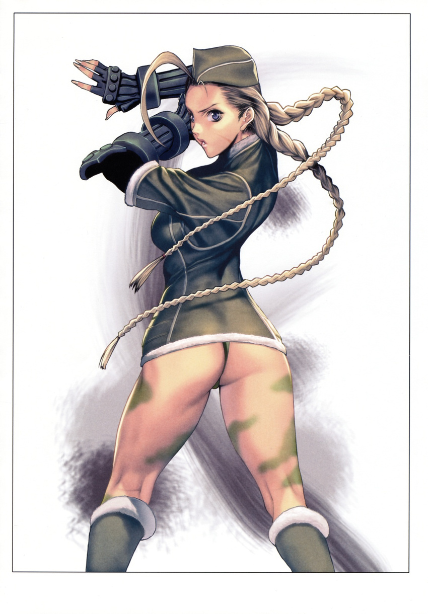 alternate_costume ass blonde_hair blue_eyes braid cammy_white elbow_gloves fingerless_gloves from_behind garrison_cap gloves hat highres homare_(fool's_art) kneepits legs long_hair looking_back open_mouth scar solo street_fighter street_fighter_iv_(series) twin_braids very_long_hair
