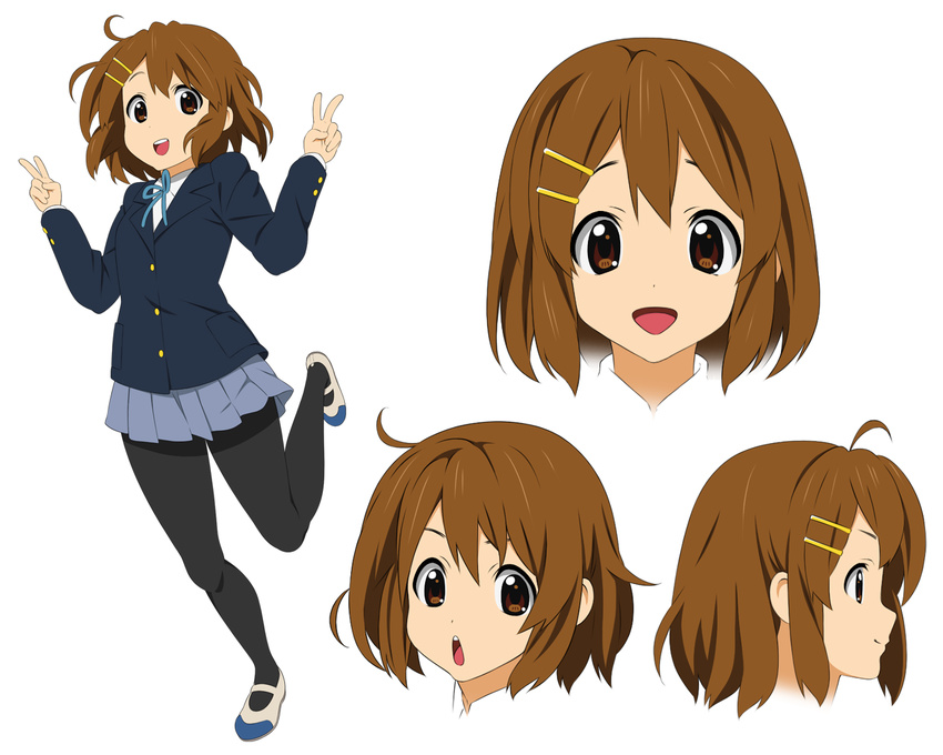 ahoge bad_id bad_pixiv_id brown_eyes brown_hair double_v hair_ornament hairclip hirasawa_yui k-on! legs open_mouth pantyhose portrait round_teeth school_uniform skirt smile tareme teeth v yagitori