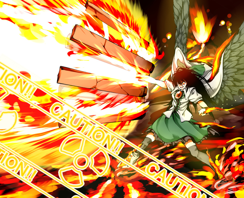 alternate_weapon arm_cannon attack black_hair bow cape caution caution_tape firing green_bow hair_bow radiation_symbol rapid-fire red_eyes reiuji_utsuho shigurio solo touhou weapon wings
