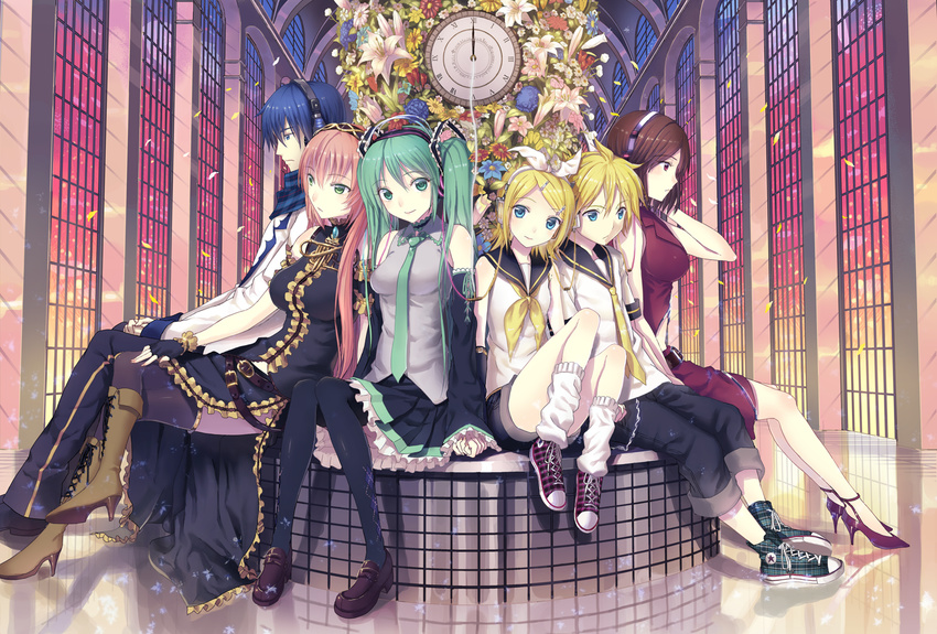 4girls analog_clock aqua_eyes aqua_hair argyle argyle_legwear blonde_hair blue_eyes blue_hair boots brown_hair choker clock cross-laced_footwear detached_sleeves flower green_eyes hatsune_miku headphones high_heels holding_hands indoors kagamine_len kagamine_rin kaito kichiroku knee_boots lace-up_boots legs loafers long_hair looking_at_viewer loose_socks megurine_luka meiko multiple_boys multiple_girls necktie pantyhose pink_hair red_eyes roman_numerals shoes shorts sitting smile sneakers socks thighhighs twintails vocaloid