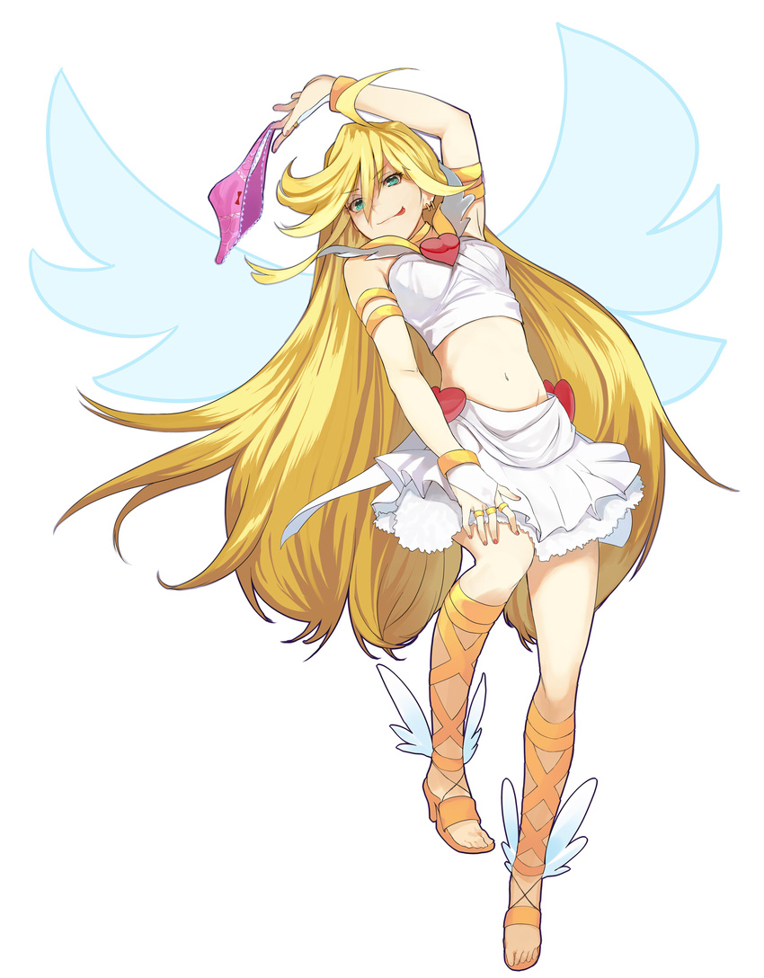 :p absurdres ahoge ankle_lace-up armband armpits blonde_hair bow bow_panties crop_top cross-laced_footwear face feet full_body green_eyes hands heart highres holding holding_panties legs long_hair midriff navel panties panties_around_one_finger panties_removed panty_&amp;_stocking_with_garterbelt panty_(psg) pink_panties sandals shirabi shoes simple_background skirt solo tongue tongue_out underwear very_long_hair winged_shoes wings