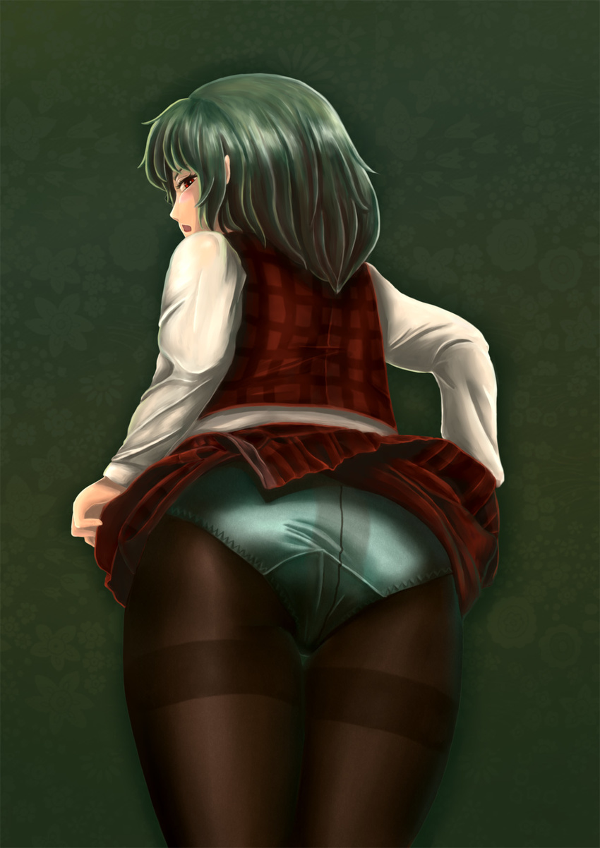 &gt;:( amibazh ass crotch_seam d: from_behind frown green_background green_hair green_panties highres hips kazami_yuuka looking_at_viewer looking_back open_mouth panties panties_under_pantyhose pantyhose plaid plaid_skirt plaid_vest red_eyes satin_panties skirt skirt_lift skirt_set solo thigh_gap thighband_pantyhose thighs touhou underwear v-shaped_eyebrows vest