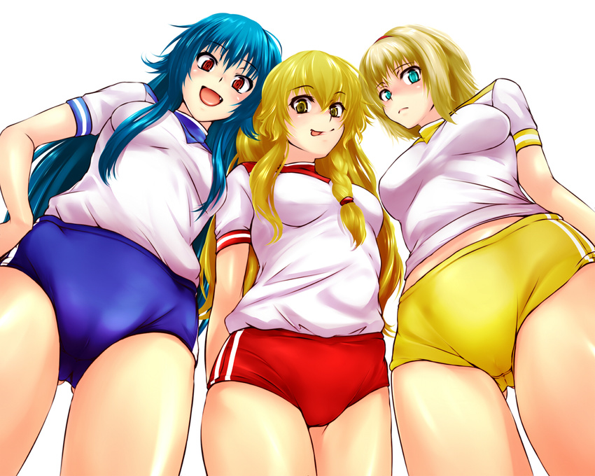 :q alice_margatroid alternate_costume blonde_hair blue_eyes blue_hair bow braid buruma fang from_below gym_uniform hairband highres hinanawi_tenshi k2isu kirisame_marisa long_hair multiple_girls red_eyes short_hair smile tongue tongue_out touhou yellow_eyes