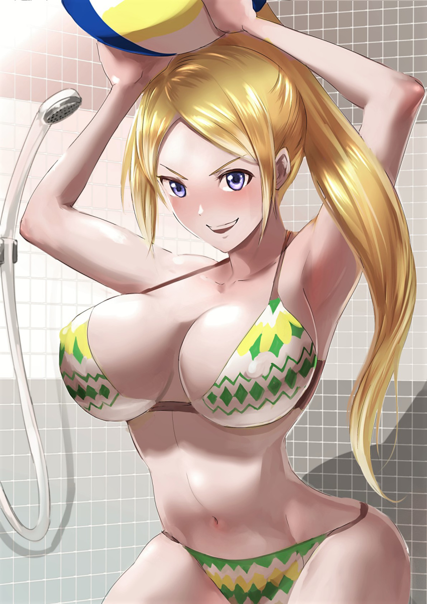 10s 1girl alternate_eye_color armpits arms_up ball beachball bikini blonde_hair blush breasts cleavage erect_nipples harukana_receive holding holding_beachball huge_breasts indoors long_hair looking_at_viewer navel parted_lips ponytail purple_eyes shadow shower smile solo standing swimsuit thomas_claire tied_hair tiles uenoryoma