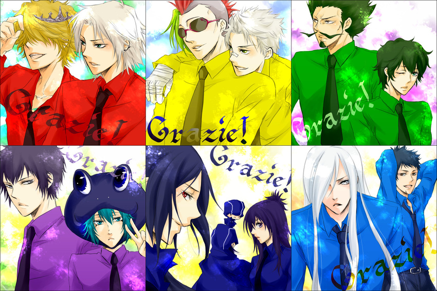 1girl 6+boys aqua_eyes aqua_hair bandage belphegor_(reborn) black_hair blonde_hair blue_eyes blue_hair blue_shirt brown_eyes chrome_dokuro collared_shirt earrings facial_hair fran_(reborn) glasses gokudera_hayato gray_eyes green_eyes green_hair green_shirt grey_eyes grey_hair hair_over_eyes hat hibari_kyouya highres jewelry katekyo_hitman_reborn katekyo_hitman_reborn! lambo leviathan_(reborn) long_hair lussuria male mammon_(reborn) mohawk multiple_boys mustache necktie purple_eyes red_eyes red_shirt rokudou_mukuro sasagawa_ryohei sasagawa_ryouhei scar shirt short_hair shueisha silver_hair smile sunglasses superbi_squalo tiara tie topet white_hair yamamoto_takeshi yellow_shirt