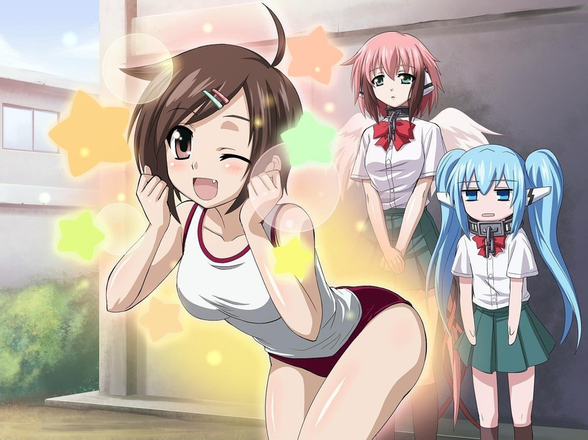 3girls angel_wings bloomers blush buruma fang genderswap gym_uniform ikaros leaning_forward multiple_girls nymph_(sora_no_otoshimono) official_art sakurai_tomoki sakurai_tomoko school_uniform serafuku short_shorts shorts sora_no_otoshimono star stars tank_top tanktop underwear wings wink