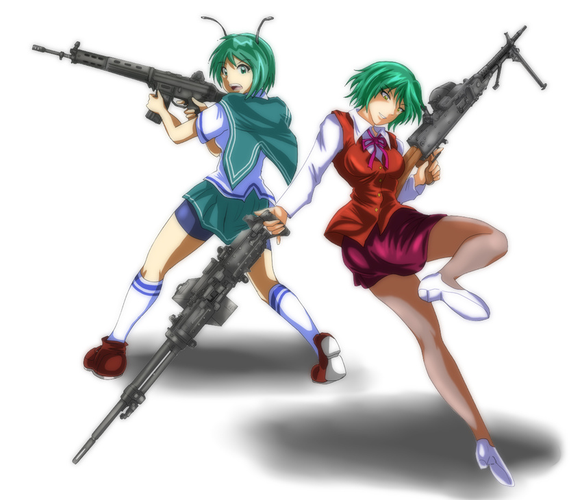 alternate_costume alternate_eye_color antennae assault_rifle back-to-back bad_id bad_pixiv_id dual_wielding green_eyes green_hair grin gun holding howa_type_89 junkei kazami_yuuka kneehighs looking_back machine_gun miniskirt multiple_girls pantyhose pencil_skirt red_eyes rifle school_uniform serafuku shadow sheer_legwear shoes short_hair simple_background skirt slender_waist smile sumitomo_ntk-62 sumitomo_ntk-74 touhou vest weapon white_background wriggle_nightbug yellow_eyes