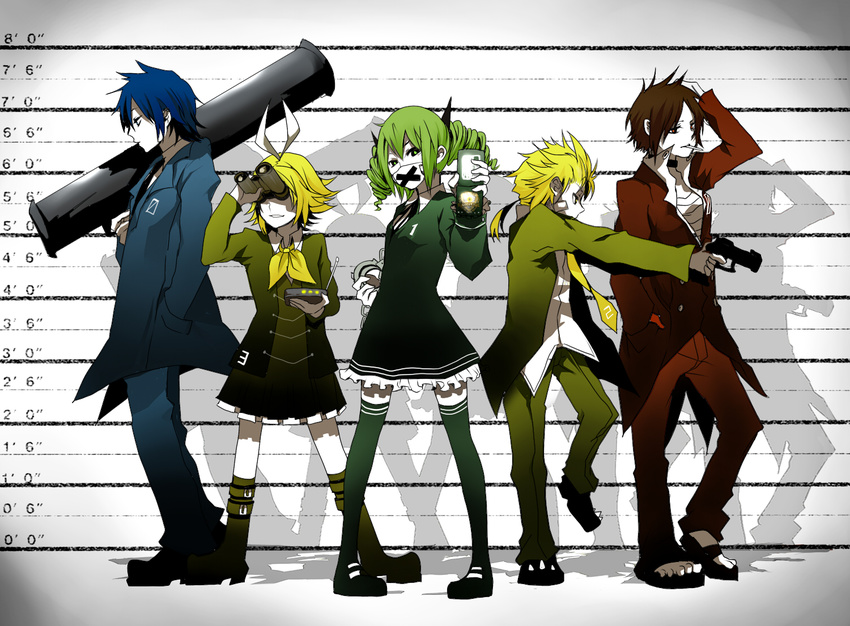 3girls blonde_hair blue_hair brown_hair drill_hair formal green_eyes green_hair gun hair_ribbon hatsune_miku himitsu_keisatsu_(vocaloid) itou kagamine_len kagamine_rin kaito mask meiko multiple_boys multiple_girls necktie ribbon rocket_launcher short_hair smile suit thighhighs vocaloid weapon zettai_ryouiki