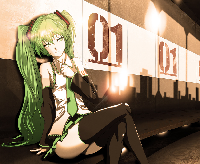 bad_id bad_pixiv_id crossed_legs detached_sleeves green_eyes green_hair hatsune_miku highres infinote long_hair necktie sitting smile solo thighhighs twintails very_long_hair vocaloid zettai_ryouiki