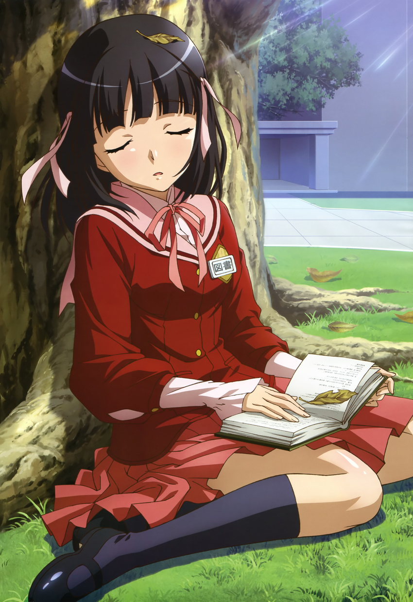 absurdres black_hair book closed_eyes day hair_ribbon highres kami_nomi_zo_shiru_sekai kneehighs leaf light_rays mary_janes mikoshi_matsuri non-web_source nyantype official_art on_ground outdoors ribbon school_uniform shiomiya_shiori shoes short_hair sitting sleeping sleeping_upright socks solo sunbeam sunlight tree under_tree