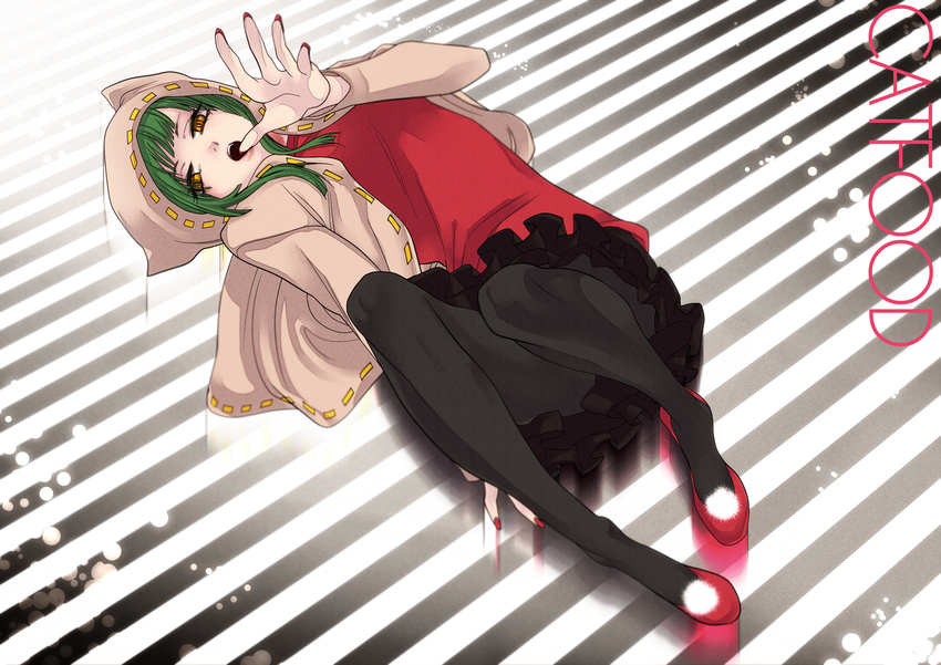 bad_id bad_pixiv_id black_legwear cat_food_(vocaloid) green_hair hatsune_miku hood hoodie nail_polish pantyhose red_nails riff_(artist) shoes short_hair skirt solo vocaloid yellow_eyes