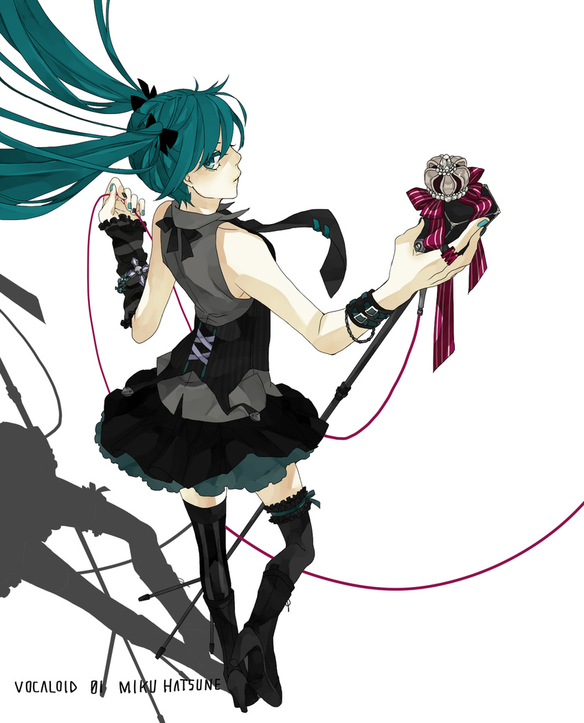 aqua_eyes aqua_hair arm_warmers bad_id bad_pixiv_id boots bracelet crown floating_hair from_behind full_body hatsune_miku high_heels highres jewelry long_hair looking_back microphone microphone_stand necktie ring saikawa_(0902k137) shadow shoes simple_background skirt solo striped striped_legwear thighhighs twintails very_long_hair vocaloid