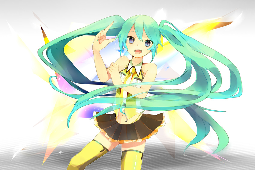 aqua_hair bad_id bad_pixiv_id blue_eyes hatsune_miku highres long_hair mayoz navel necktie project_diva_(series) project_diva_2nd skirt smile solo thighhighs twintails very_long_hair vocaloid yellow_(vocaloid) zettai_ryouiki